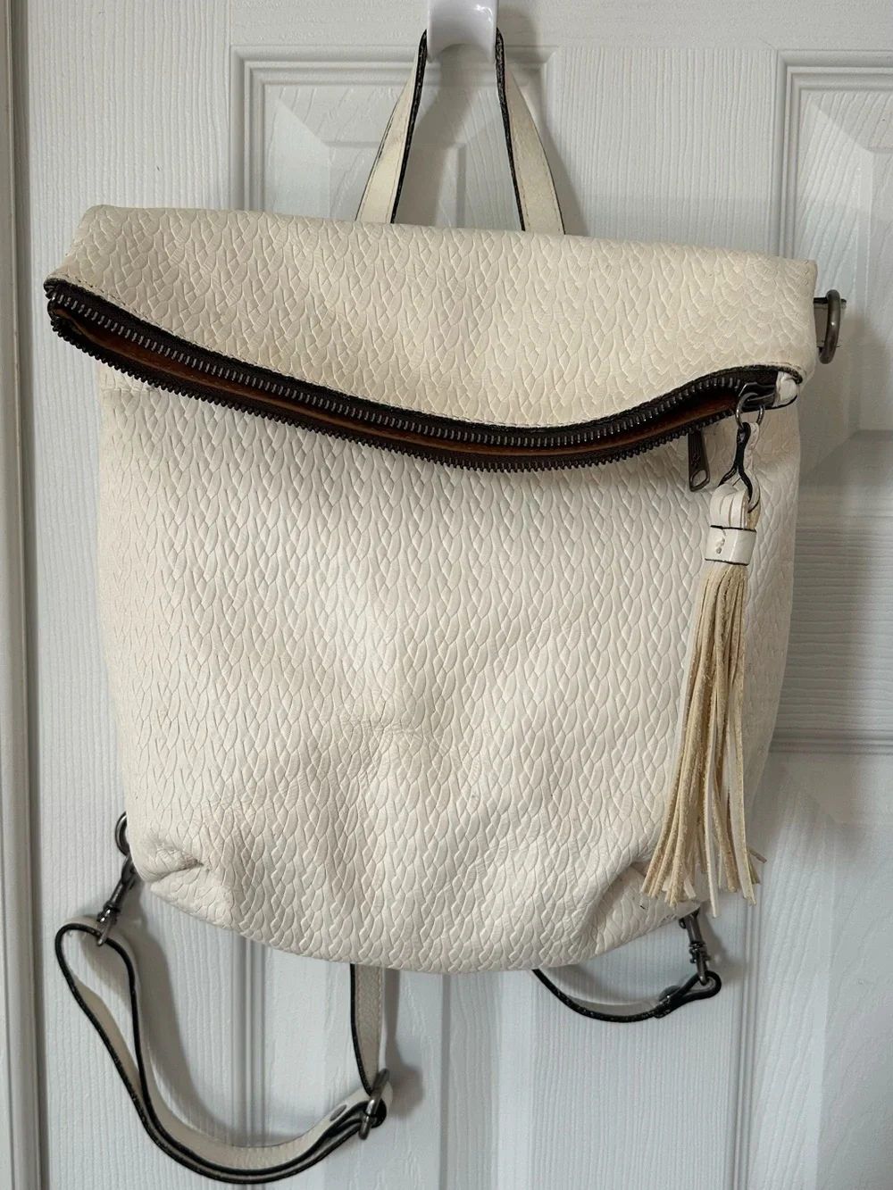 Patricia Nash Cream Textured Backpack with Tassel Accent